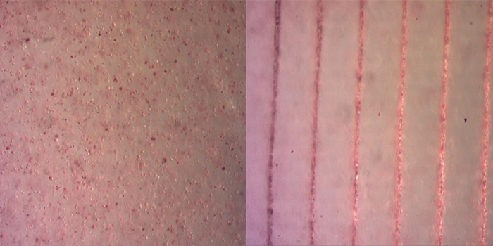 Før og efter billeder af polymer-coatede silica partikler dispergerede i glycerol. Ved at påtrykke et lydfelt af stående bølger ved 2MHz samles partiklerne i linier i løbet af sekunder. Der er ca. 400µm mellem hver linie.